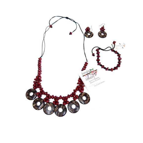 Jungle Jewelry Made In Ecuador Is Beautifully Made Of Red Seed And Brown Wood. - Picture 1 of 5